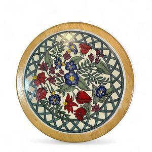 Vintage DANSK Ceramic/Wood Trivet Floral Basket Weave Denmark Nordic Garden